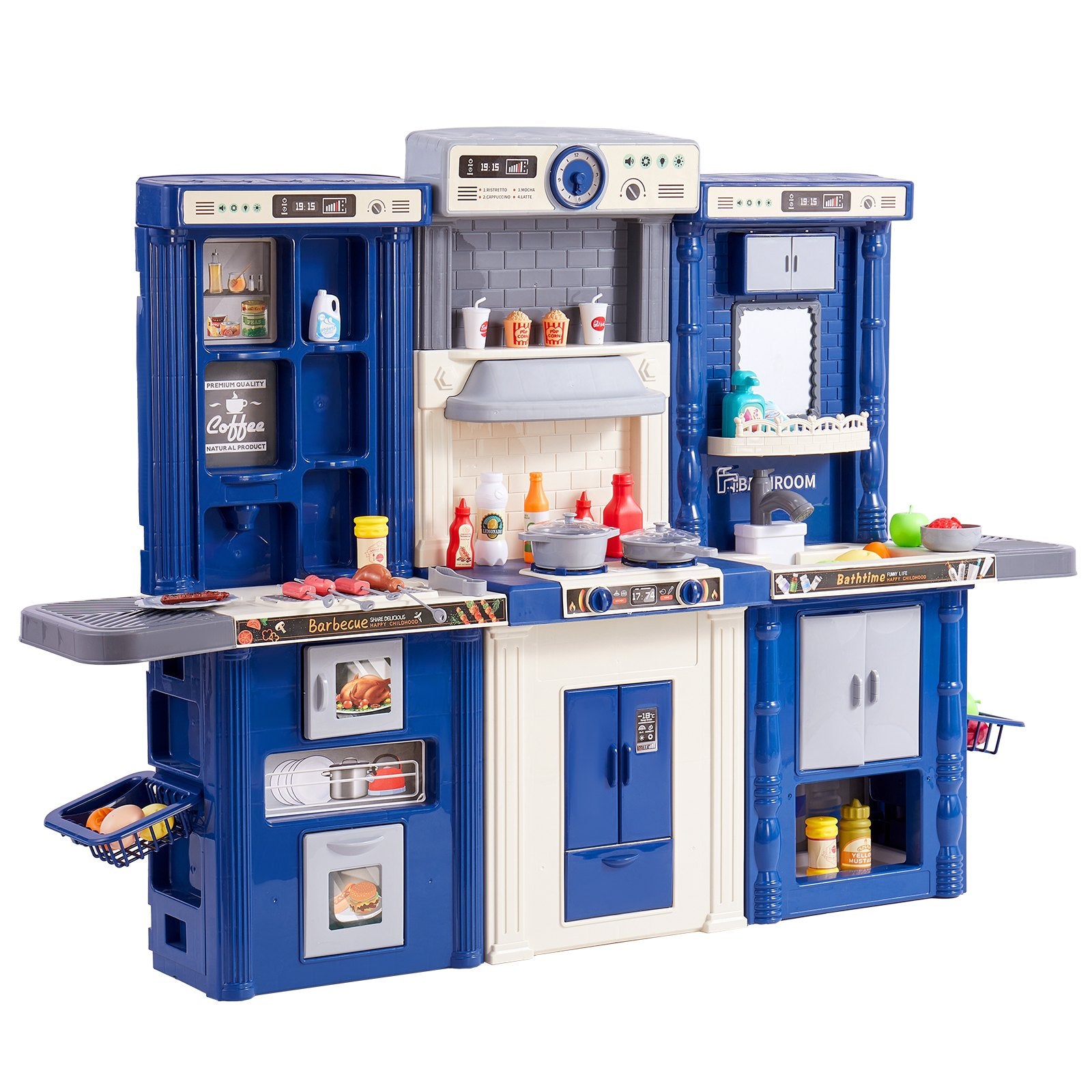 Toy kitchen set with various appliances and items on a white background
