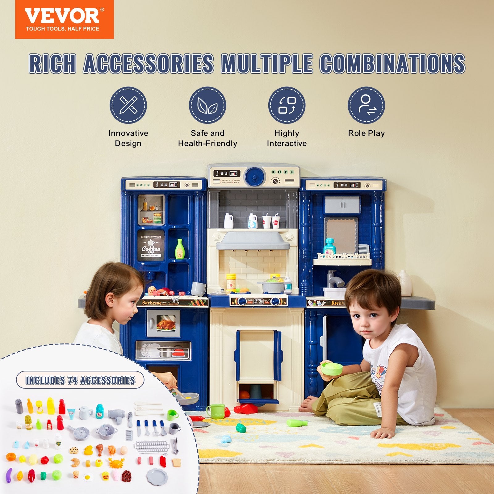 Children playing with a VEVOR toy kitchen set in a room.
